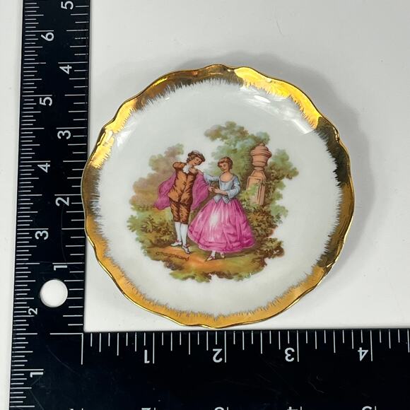 Limoges Miniature Plate with Stand 4" Gold Surround Courting Couple Trinket Dish - Picture 2 of 7